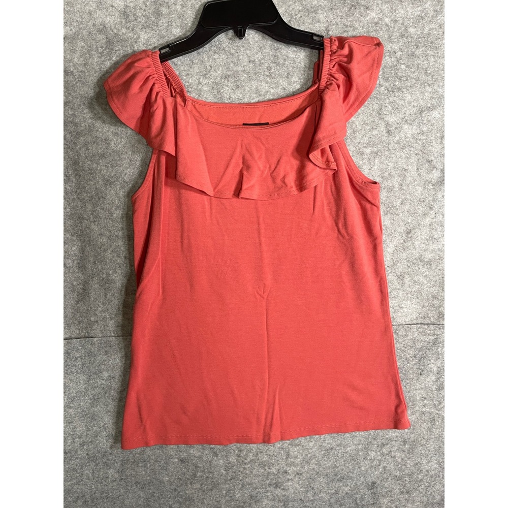 Ann Taylor Factory Coral Pink Ruffle Neck Sleeveless Knit Top Medium Womens